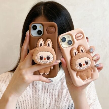Labubu Apple phone case includes a phone holder, suitable for iPhone 16/15 Promax/11 phone cases, 14pm silicone 13p soft case, 12pro all inclusive.
