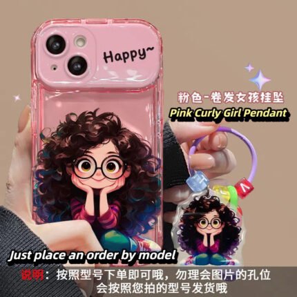 Super good-looking explosive glasses curly girl pendant suitable for Apple 16 Pro phone case iPhone 15/14/13 with flip makeup mirror
